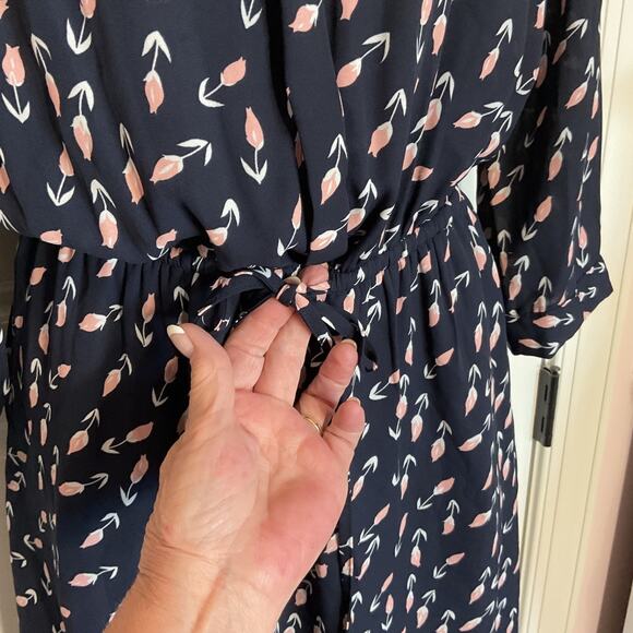 Dr2 Navy Floral Elastic/Draw String Waist 3/4 Sleeve Dress W/Pockets M - Picture 2 of 8